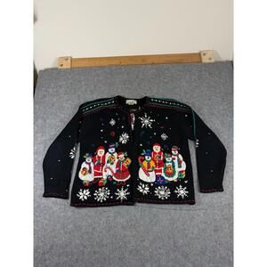 Vintage Studio Works Christmas Ugly Sweater Cardigan Santa Tree Size XL